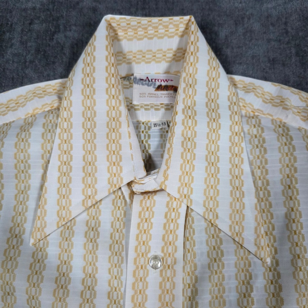 Vtg 70s Dagger Collar Disco Shirt Arrow Knits Mens Yellow Geometric Striped 15.5